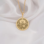 14K Solid Gold Saint Dionysius Areopagite Medallion featuring revered Orthodox saint with holy book and celestial halo surrounded by sacred crosses. Detailed religious talisman with Christian symbolism. Luxury Orthodox jewelry for divine protection.