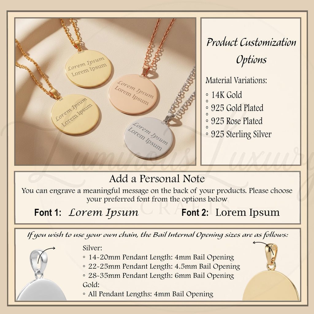 a collection of personalized necklaces with engraved messages on them. The necklaces come in various materials, such as 14K gold, 925 gold, 925 rose-plated, and 925 sterling silver. The image also provides options for customizing the necklace by choosing a font and pendant size.