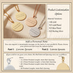 a collection of personalized necklaces with engraved messages on them. The necklaces come in various materials, such as 14K gold, 925 gold, 925 rose-plated, and 925 sterling silver. The image also provides options for customizing the necklace by choosing a font and pendant size.