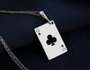 Queen of Club solitaire gold necklace playing card. club symbols and the iconic &quot;Q&quot; in the top left and bottom right corners. the Queen of Clubs, a symbol often linked to intuition, creativity, and power in the world of playing cards.