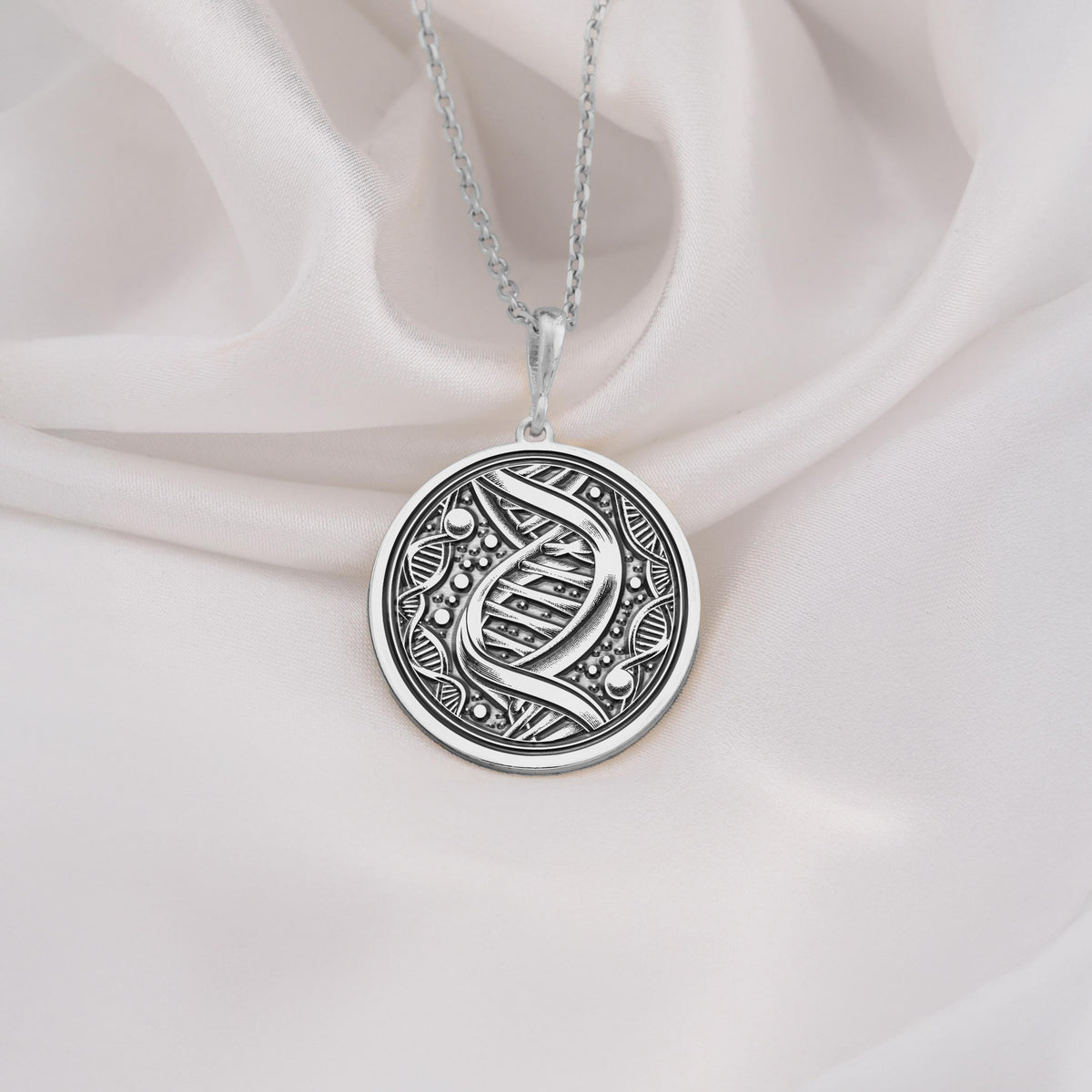 DNA Double Helix Science Pendant Necklaces 925 925 Sterling Silver pendant necklace featuring intricate swirling knotwork design on a round disc.