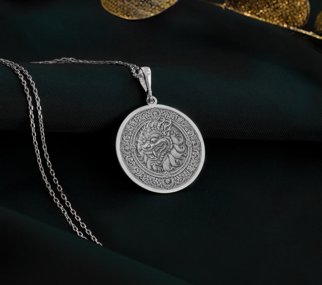 Sterling Silver Barong Ket Necklace, Sacred Balinese Guardian Lion Pendant for Protection and Spiritual Strength, Mythical Bali Jewelry Charm in Silver for Men and Women, Handcrafted Balinese Lion Amulet Necklace Gift for Him or Her