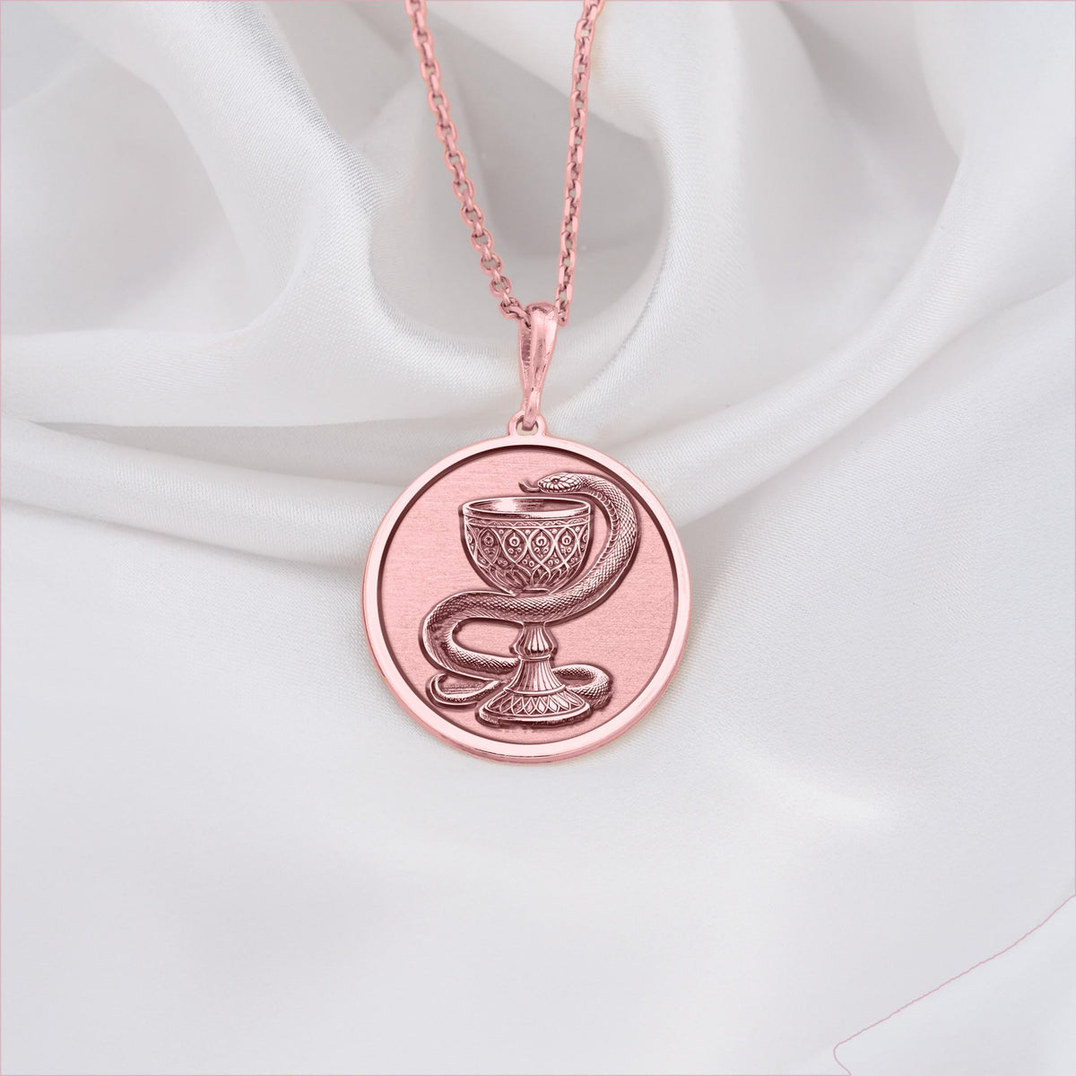 Bowl of Hygieia Necklace Pendants 14K Rose 14K 14K Rose Gold Plated pendant necklace featuring a coiled snake and chalice design.