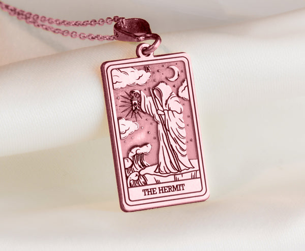 Rose gold hermit tarot pendant, tarot necklace rose gold, hermit tarot jewelry, spiritual tarot charm, rose gold tarot pendant, tarot card necklace, hermit amulet rose gold, introspection charm