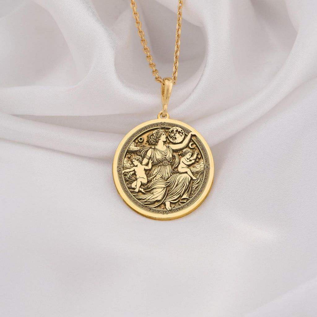 Leto Necklace in 14K Solid Gold, Greek Goddess Pendant, Mythology Inspired Jewelry, Elegant Gold Medallion, Motherhood & Strength Gift for Women