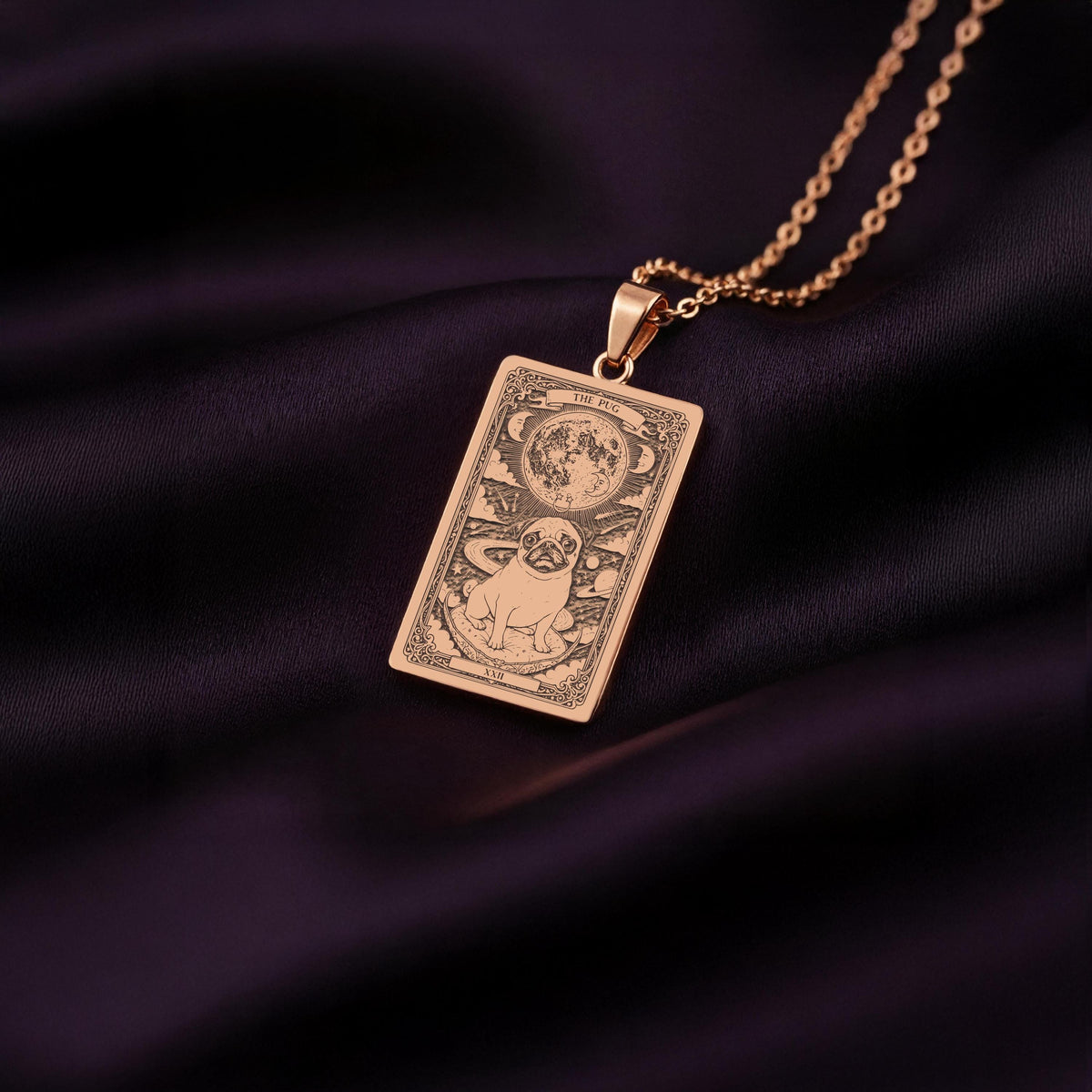 A custom rose gold plated Dog Lover tarot necklace. This piece is a perfect gift, honoring the comical and loving spirit of the Pug.