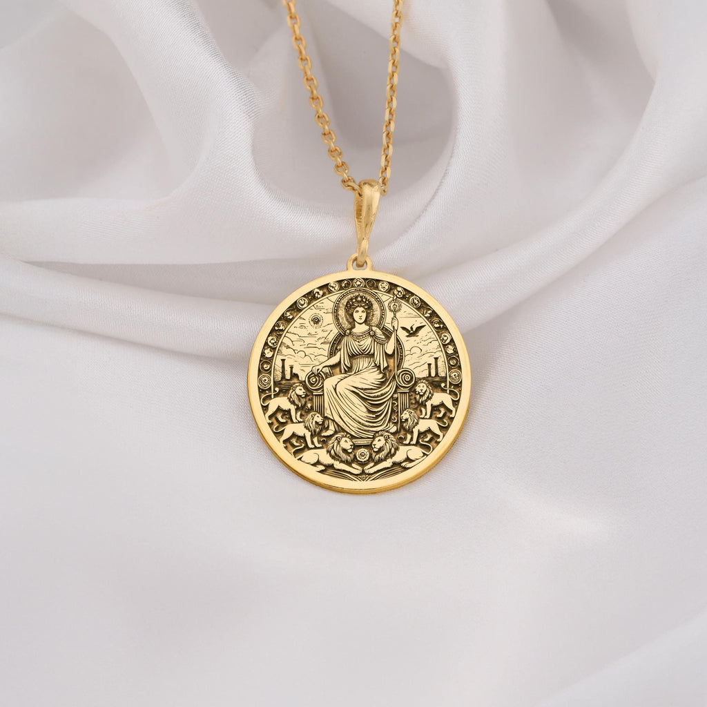 14K Gold Rhea Goddess Necklace inspired by Greek mythology, featuring a celestial motherhood and fertility design. Perfect for mythology lovers and elegant jewelry enthusiasts.