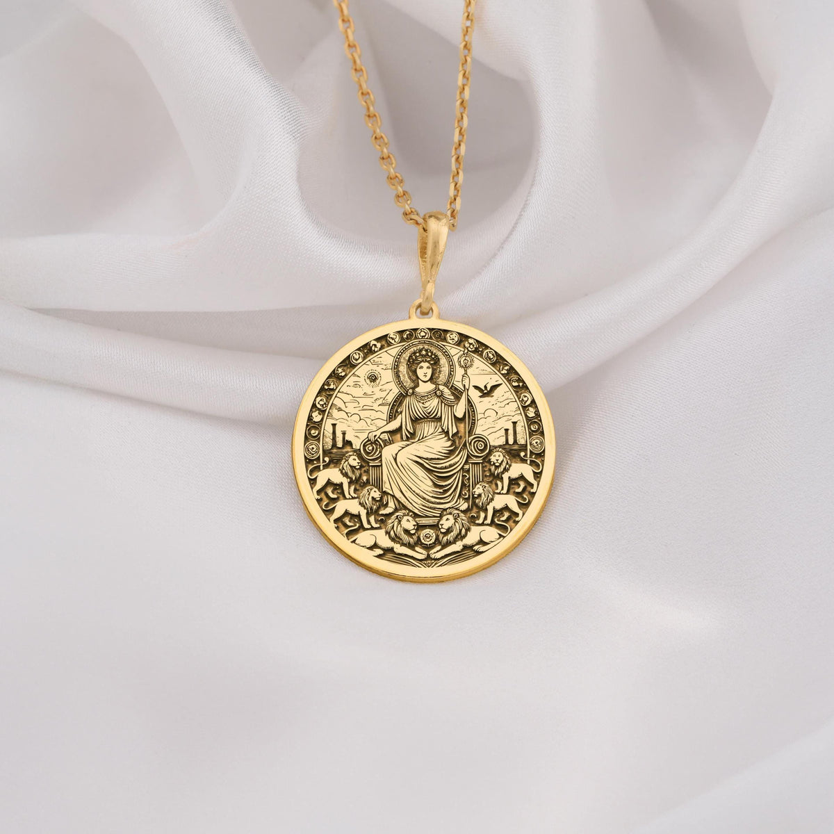 14K Gold Rhea Goddess Necklace inspired by Greek mythology, featuring a celestial motherhood and fertility design. Perfect for mythology lovers and elegant jewelry enthusiasts.