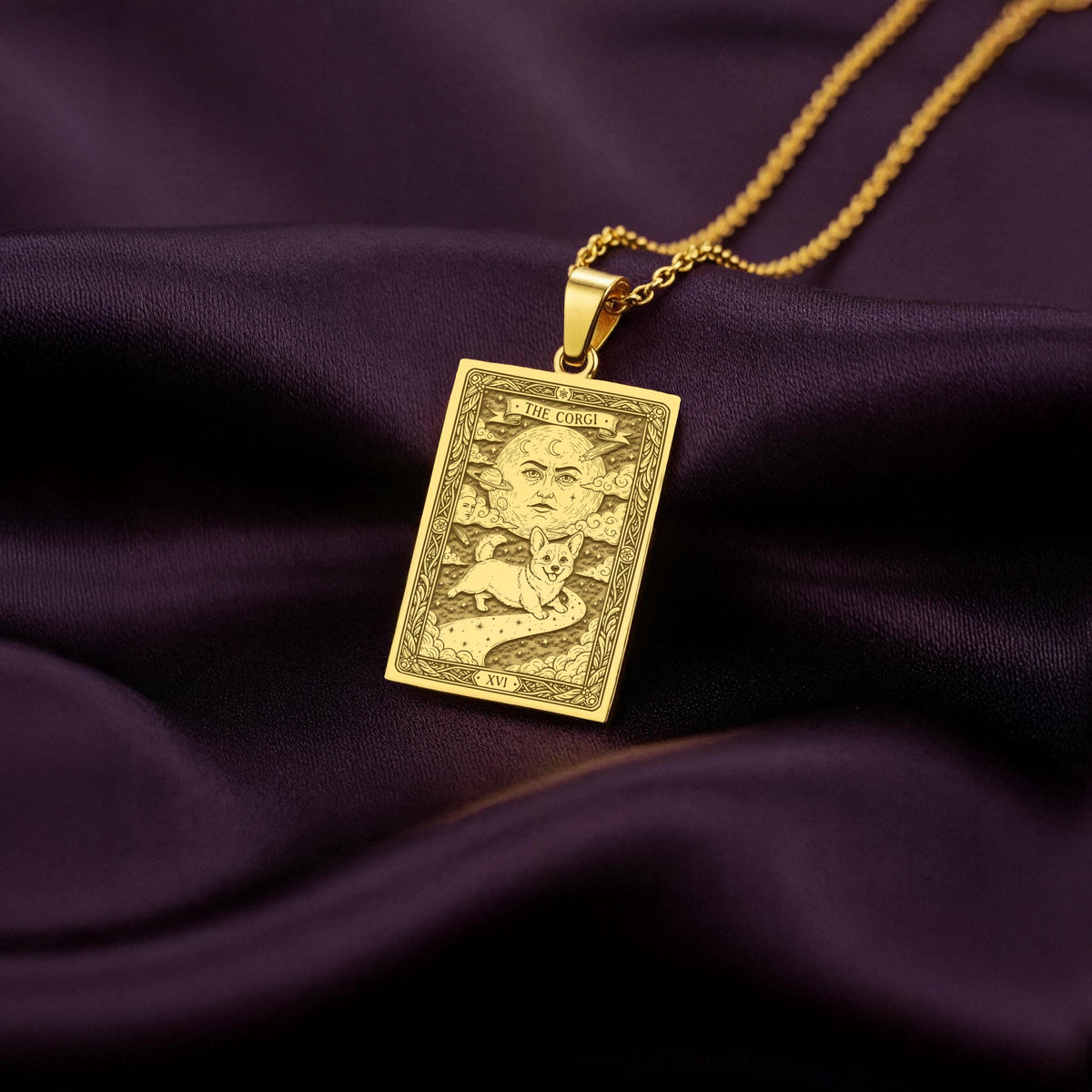 A polished 14K solid gold Corgi medallion. This fine pet jewelry represents the breed's curious nature, making it a perfect Corgi lover gift.