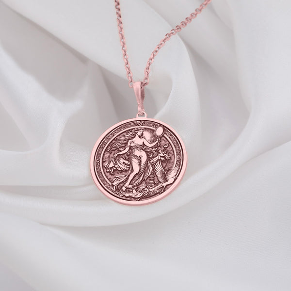 Aphrodite Rose Gold Plated Pendant Necklace, a stunning representation of Greek mythology jewelry. The soft, warm tones of rose gold enhance its intricate craftsmanship, making it a romantic and elegant accessory. This Aphrodite charm necklace is perfect for those who adore goddess-inspired jewelry, offering a luxurious, feminine touch to any outfit and an unforgettable gift for mythology enthusiasts.