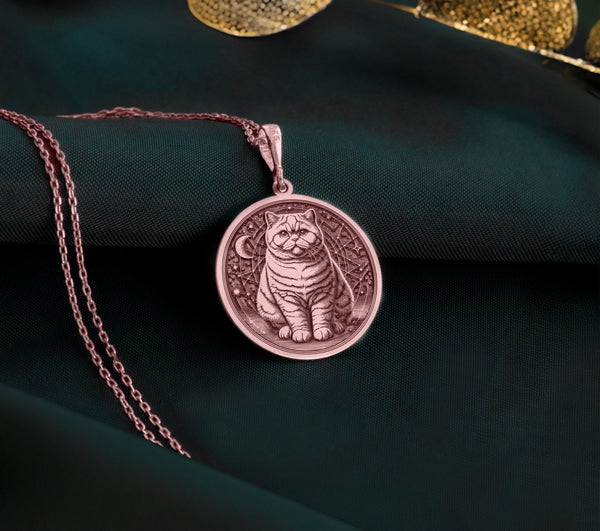 Rose Gold Plated British Shorthair Pendant with gentle feline design. Warm-toned chubby cat medallion with detailed round face and plush appearance. Pet portrait jewelry celebrating these beloved teddy bear cats with calm personalities.