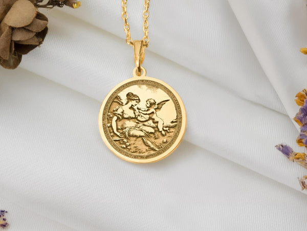 Eros and Aphrodite pendantLove and beauty necklaceCupid and Venus jewelryMythology-inspired necklaceVenus goddess pendantCupid charm necklaceRomantic jewelrySymbol of love necklaceArt Nouveau necklace