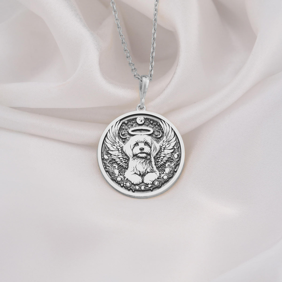 925 Sterling Silver Maltese Angel Dog Medallion showcasing beloved toy breed with angel wings and heavenly halo. Detailed memorial coin pendant with fluffy coat and peaceful expression. Premium Maltese loss jewelry symbolizing eternal love.