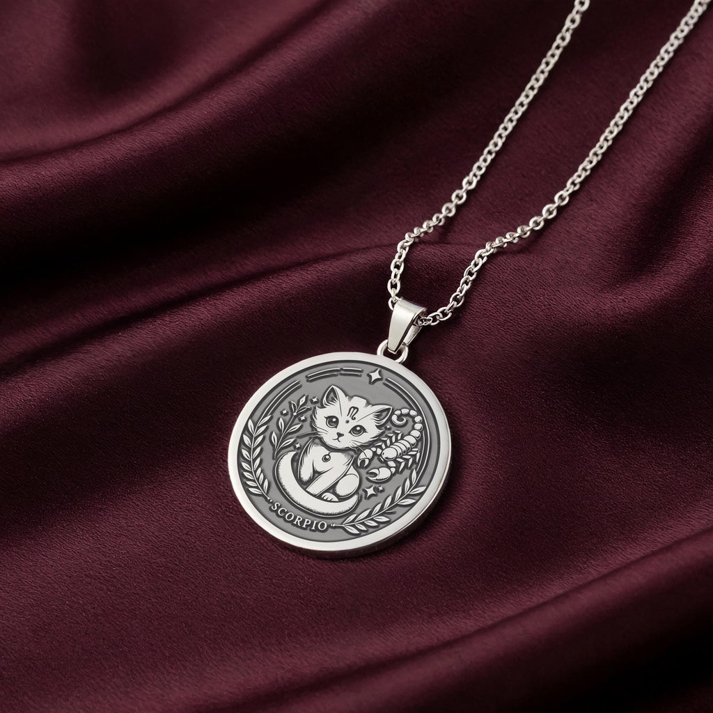 A personalized 925 sterling silver zodiac necklace. This Scorpio cat gift for her is a cherished keepsake for any astrology enthusiast.
