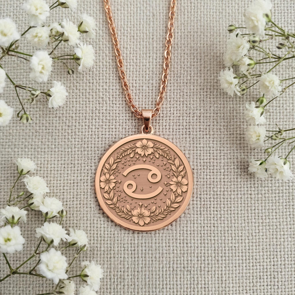 Cancer Crab Astrological Medallion Pendants Rose 14K Rose 14K 14K Rose 14K 14K Rose Gold Plated circular pendant with ornate floral design and swirl motif necklace