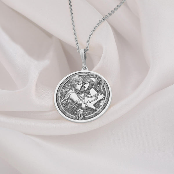 silver Antiope and Theseus necklace pendant, mythology-inspired jewelry with intricate detailing, symbolizing love, strength, and timeless passion.