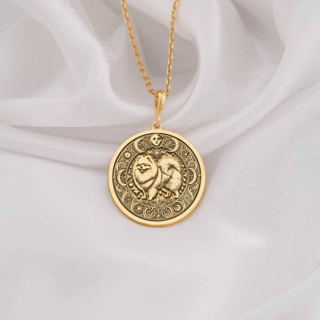 Elegant 14K Solid Gold Pomeranian necklace featuring a fluffy dog with celestial engravings. Ideal gift for dog lovers and pet owners cherishing their loyal furry companion.