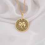 Elegant 14K Solid Gold Pomeranian necklace featuring a fluffy dog with celestial engravings. Ideal gift for dog lovers and pet owners cherishing their loyal furry companion.