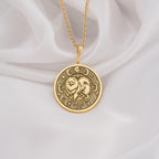 Elegant 14K Solid Gold Pomeranian necklace featuring a fluffy dog with celestial engravings. Ideal gift for dog lovers and pet owners cherishing their loyal furry companion.