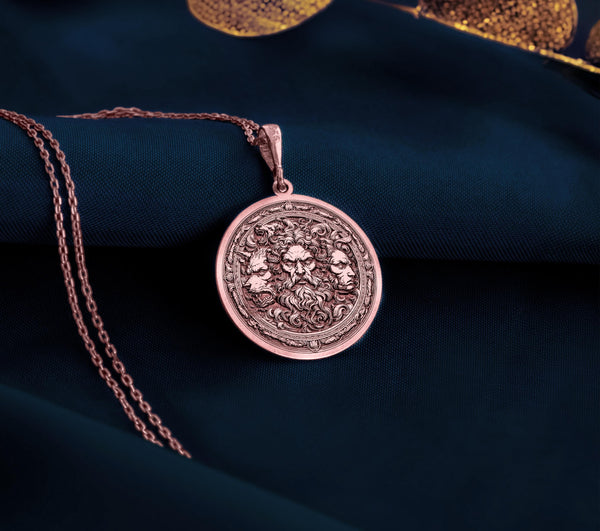 Rose Gold Plated Hades Necklace with Greek mythology-inspired design, featuring Cerberus and Thanatos. Handmade unisex gothic jewelry, an elegant and unique gift for mythology lovers and statement accessory enthusiasts.