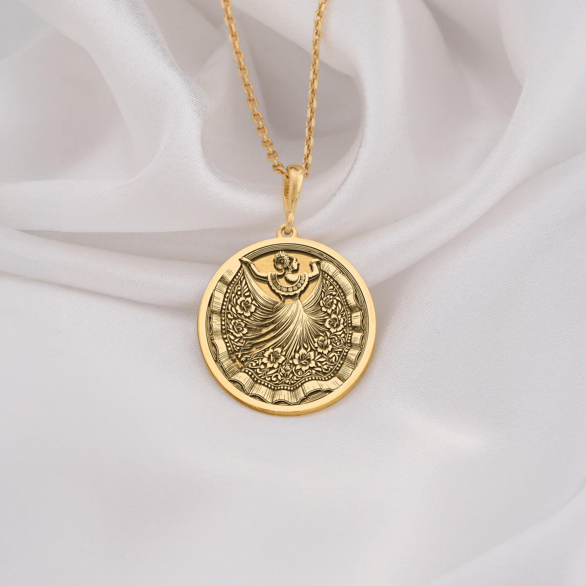 14K Solid Gold Mexican dancer necklace with intricate folkloric dress engraving, ideal for gifting or cultural jewelry lovers.