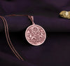 rose gold plated Surya necklace featuring a detailed pendant of the Hindu sun god, Surya, with intricate solar rays design. Crafted with rose gold plating, this mythological-inspired jewelry piece symbolizes light, energy, and divine protection. Ideal for those seeking Hindu cultural jewelry or a unique sun-themed accessory. The pendant depicts Surya riding his chariot, pulled by seven horses, with lotus flowers in hand, radiating warmth and enlightenment.&quot;