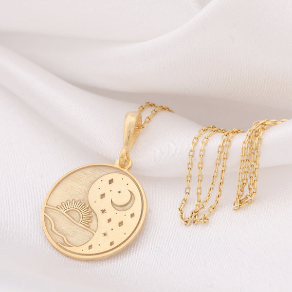 14K Solid Gold Sun And Moon Necklace, Celestial Jewelery, Astronomy Jewelery, Astrology Necklace, Cosmic Necklace, Nature Lover Necklace