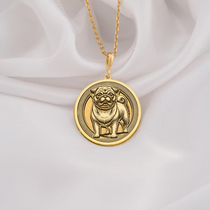 Elegant 14K Solid Gold Pug pendant, featuring a finely detailed dog medallion. A perfect pet lover’s charm, symbolizing playfulness, companionship, and love, making it a meaningful gold Pug necklace for dog enthusiasts.