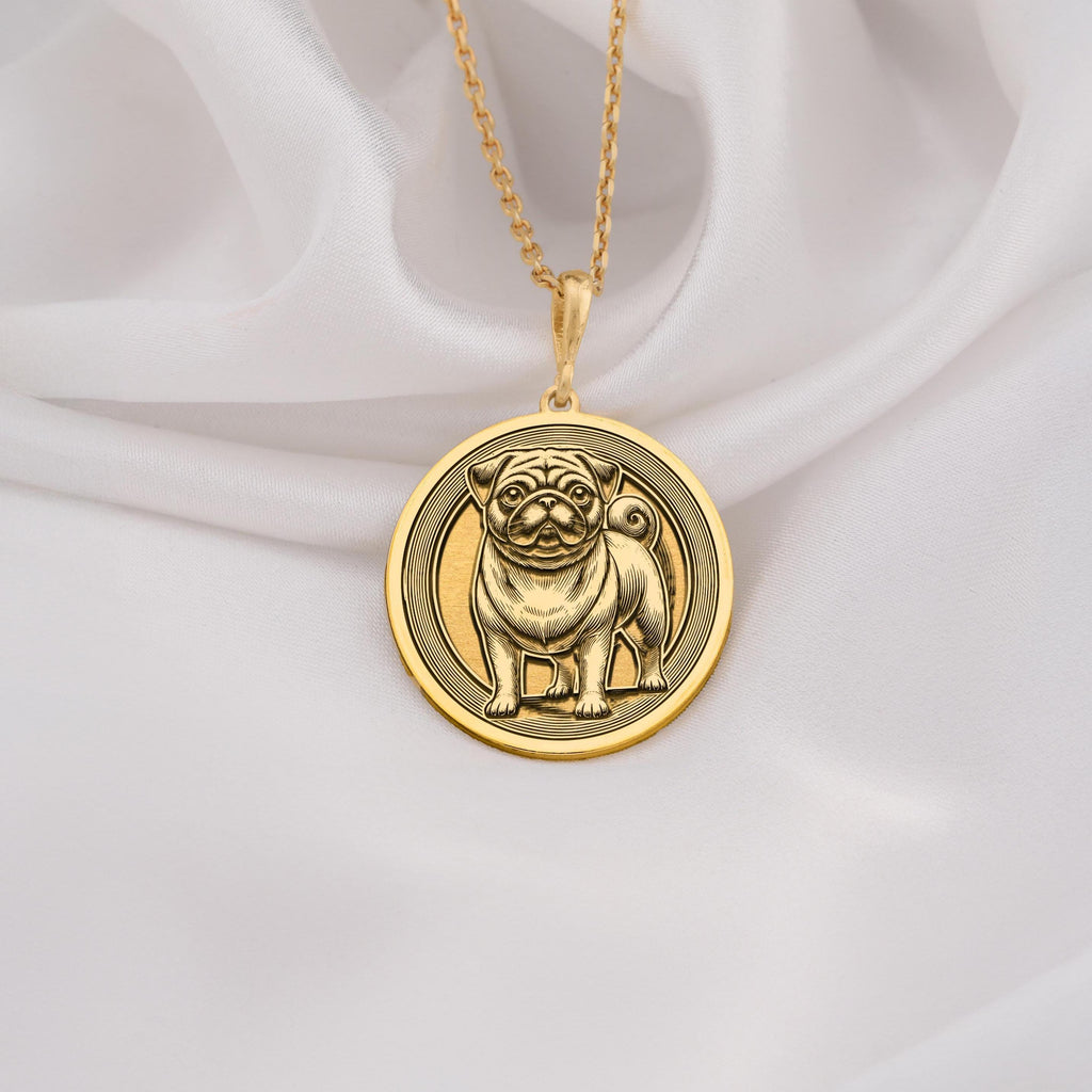 Elegant 14K Solid Gold Pug pendant, featuring a finely detailed dog medallion. A perfect pet lover’s charm, symbolizing playfulness, companionship, and love, making it a meaningful gold Pug necklace for dog enthusiasts.