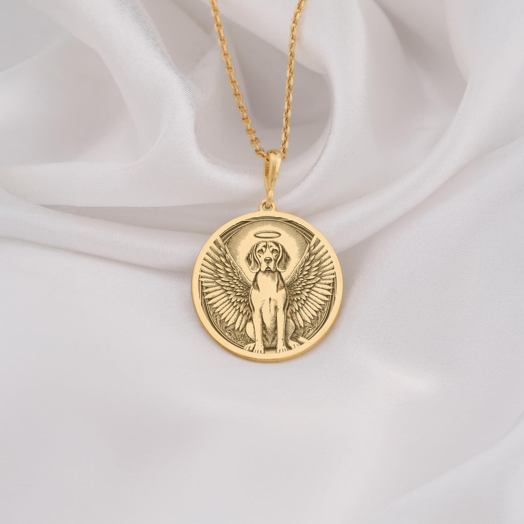 14K Solid Gold Beagle Angel Dog Medallion featuring beloved hound breed with heavenly wings and halo. Detailed memorial talisman with distinctive tri-color coat, floppy ears and radiant background. Luxury Beagle memorial jewelry gift