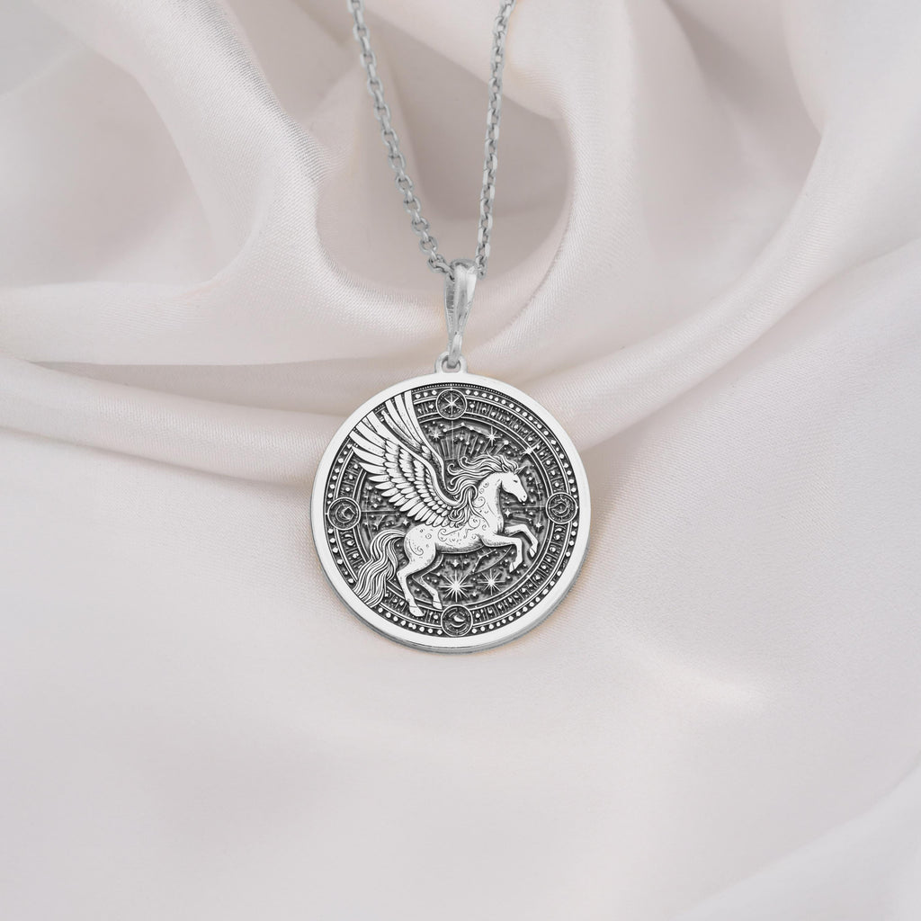 925 Sterling Silver Pegasus Necklace with an intricate winged horse medallion, combining elegance with mythology-inspired design. A perfect celestial pendant for daily wear or as a thoughtful gift for mythology enthusiasts and jewelry collectors.
