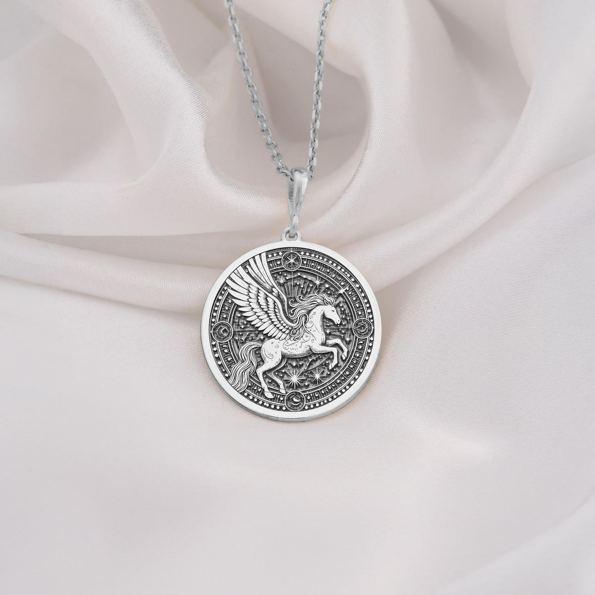 925 Sterling Silver Pegasus Necklace with an intricate winged horse medallion, combining elegance with mythology-inspired design. A perfect celestial pendant for daily wear or as a thoughtful gift for mythology enthusiasts and jewelry collectors.