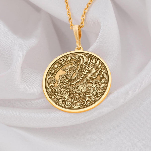 Solid Gold Phoenix pendant necklace with Winged Majesty – This 14k solid gold phoenix necklace exudes gleaming feathers and soaring elegance. A mythical bird pendant symbolizing rebirth and strength, perfect for those drawn to timeless beauty.