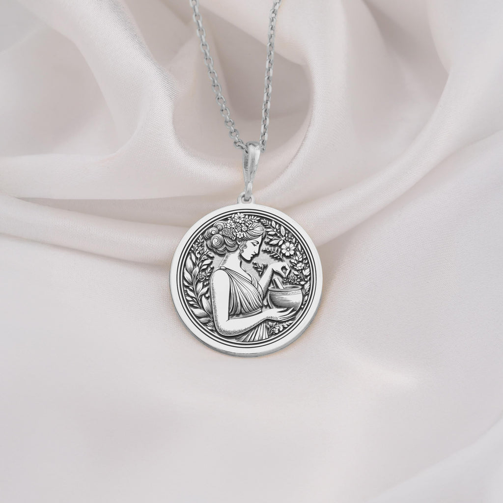 925 Sterling Silver Panacea Medallion with Greek healing goddess and floral wreath. Detailed ancient coin pendant showing medicine deity with potion bowl. Health symbol jewelry with historical significance and healing energy.