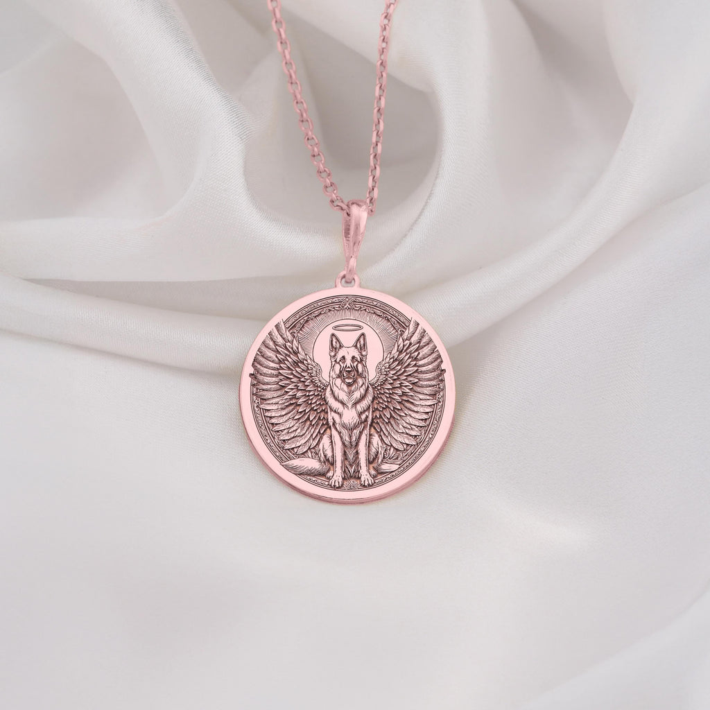 Rose Gold Plated German Shepherd Angel Dog Medallion featuring beloved working breed with heavenly wings and halo. Elegant memorial jewelry with detailed noble expression and ornate radiant border. Warm-toned rainbow bridge talisman for GSD loss.