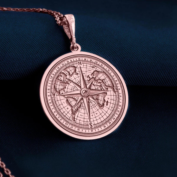 World Compass coin rose gold pendant necklace, Globe traveler charm, Travel-inspired jewelry, Explorer compass necklace