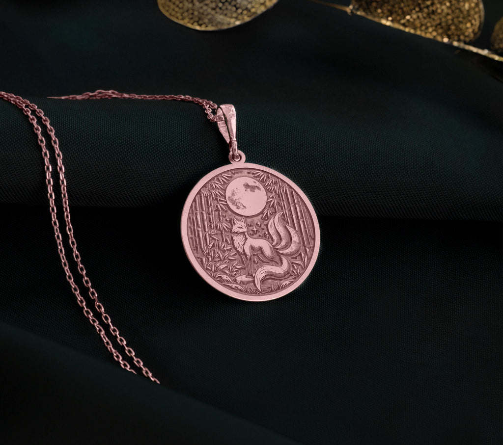 Kitsune Fox Spirit Animal Charm Pendant Necklaces 14K Rose 14K 14K Rose Gold Plated pendant necklace featuring a crescent moon and coiled snake design.