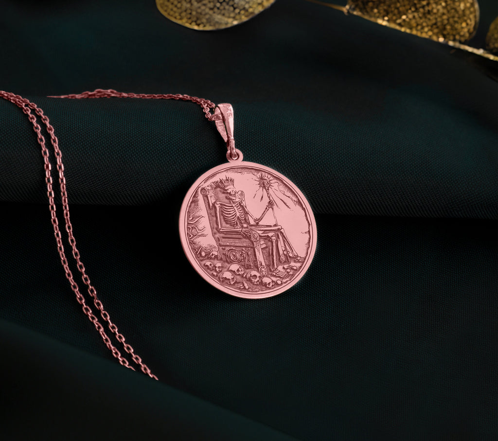 14K Solid Gold Skeleton Charm Necklace, Undead Silver Pendant, Rose Gold Throne Necklace, Royal Jewelry, Undead King Medallion, Throne Charm