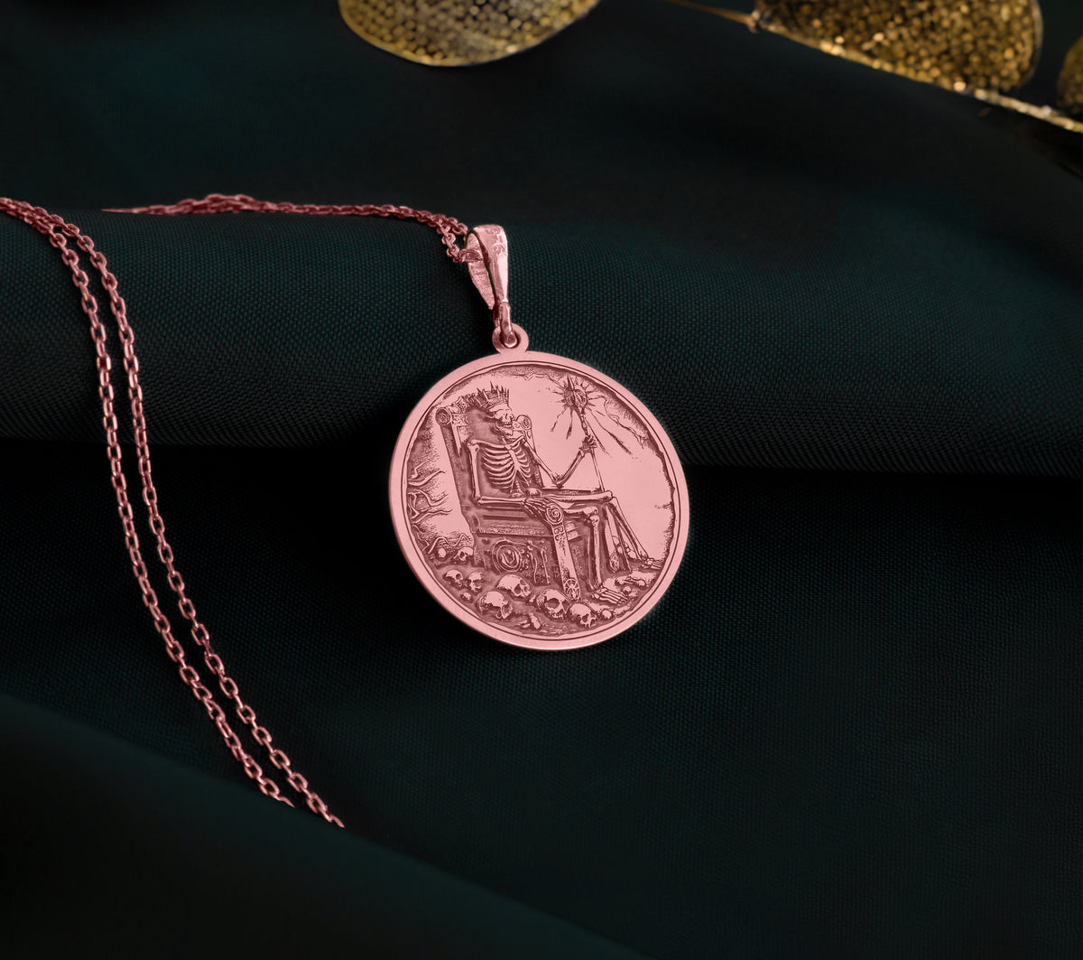 14K Solid Gold Skeleton Charm Necklace, Undead Silver Pendant, Rose Gold Throne Necklace, Royal Jewelry, Undead King Medallion, Throne Charm