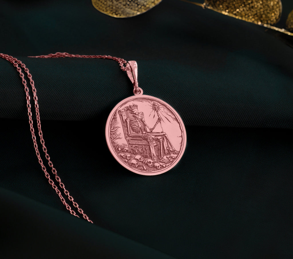 14K Solid Gold Skeleton Charm Necklace, Undead Silver Pendant, Rose Gold Throne Necklace, Royal Jewelry, Undead King Medallion, Throne Charm