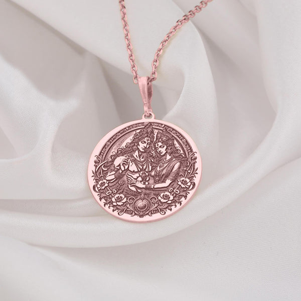 Rose gold-plated Shiva Parvati pendant necklace featuring a matte-finish temple motif and matching earrings set on a lightweight chain.
