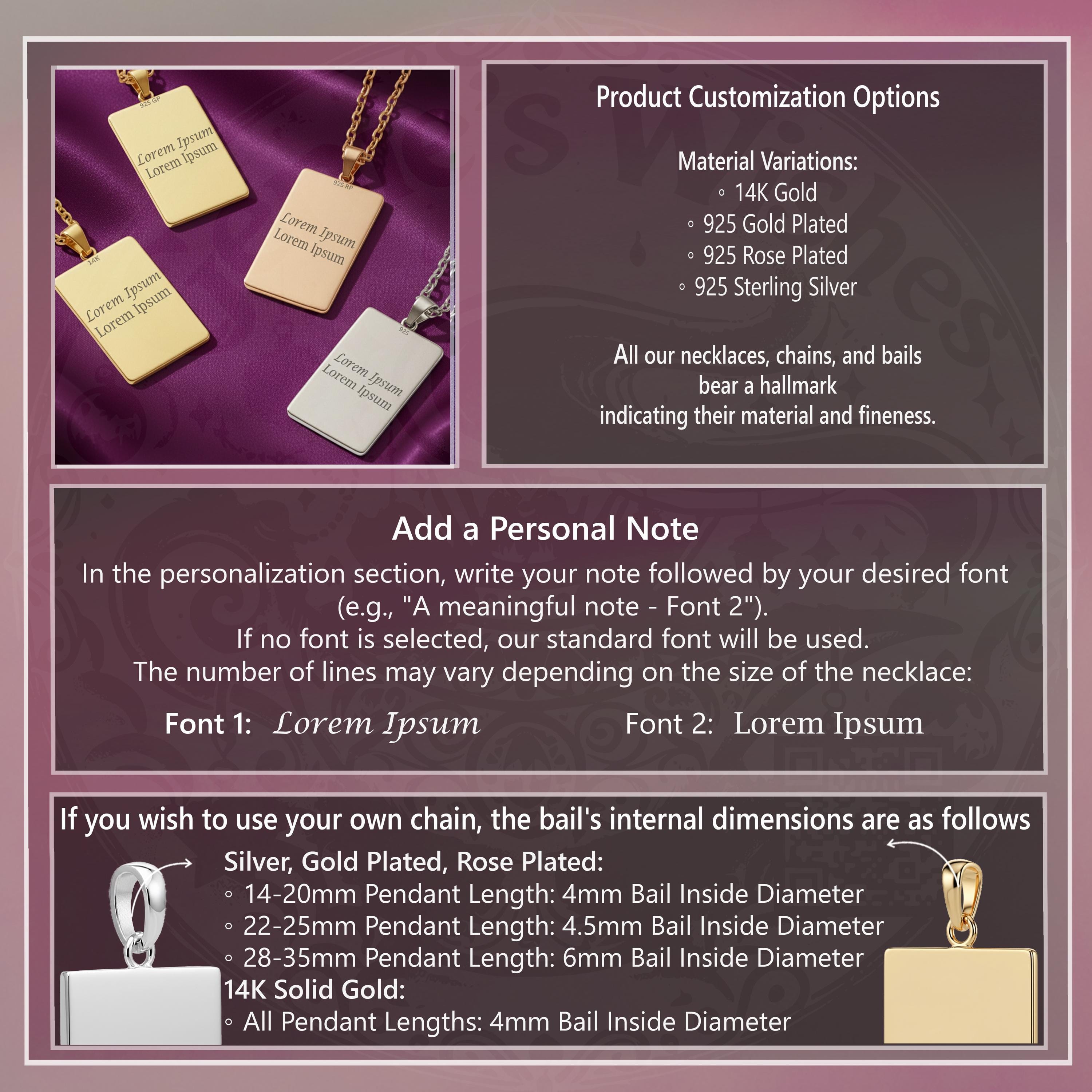 a collection of personalized necklace pendants, each with a unique design and material variation. The pendants are arranged on a purple background, showcasing the different options available for customizing necklaces.
