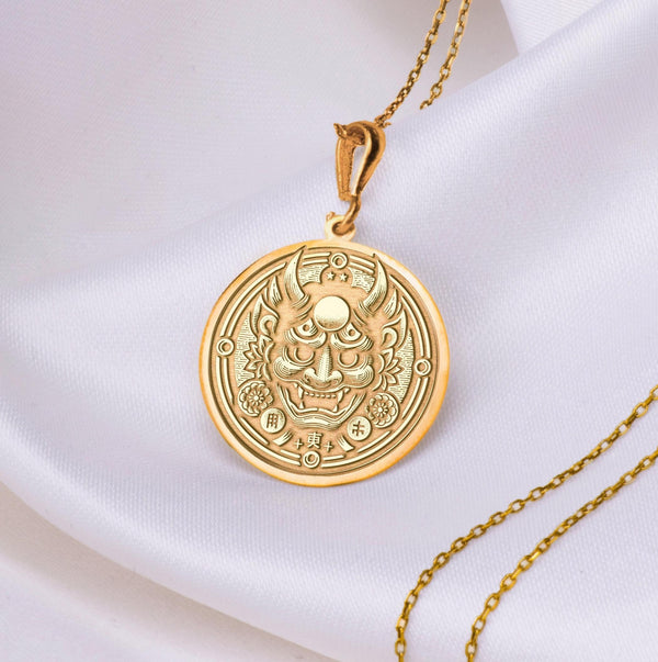 Oni Japanese Gold Pendant Necklace, Oni japanese medallion, Oni Mask Pendant, Oni Mask charm pendant, gold oni mask, Silver oni charm pendant, Japanese demon jewelry, Japanese Demon pendant, Japanese pendant for men,