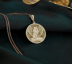 14K Gold Plated Turkish Angora Angel Cat Medallion with memorial symbolism. Detailed long-haired breed angel pendant with wings, halo and ornate border. Elegant rainbow bridge jewelry gift representing eternal bond with departed Angora companion.