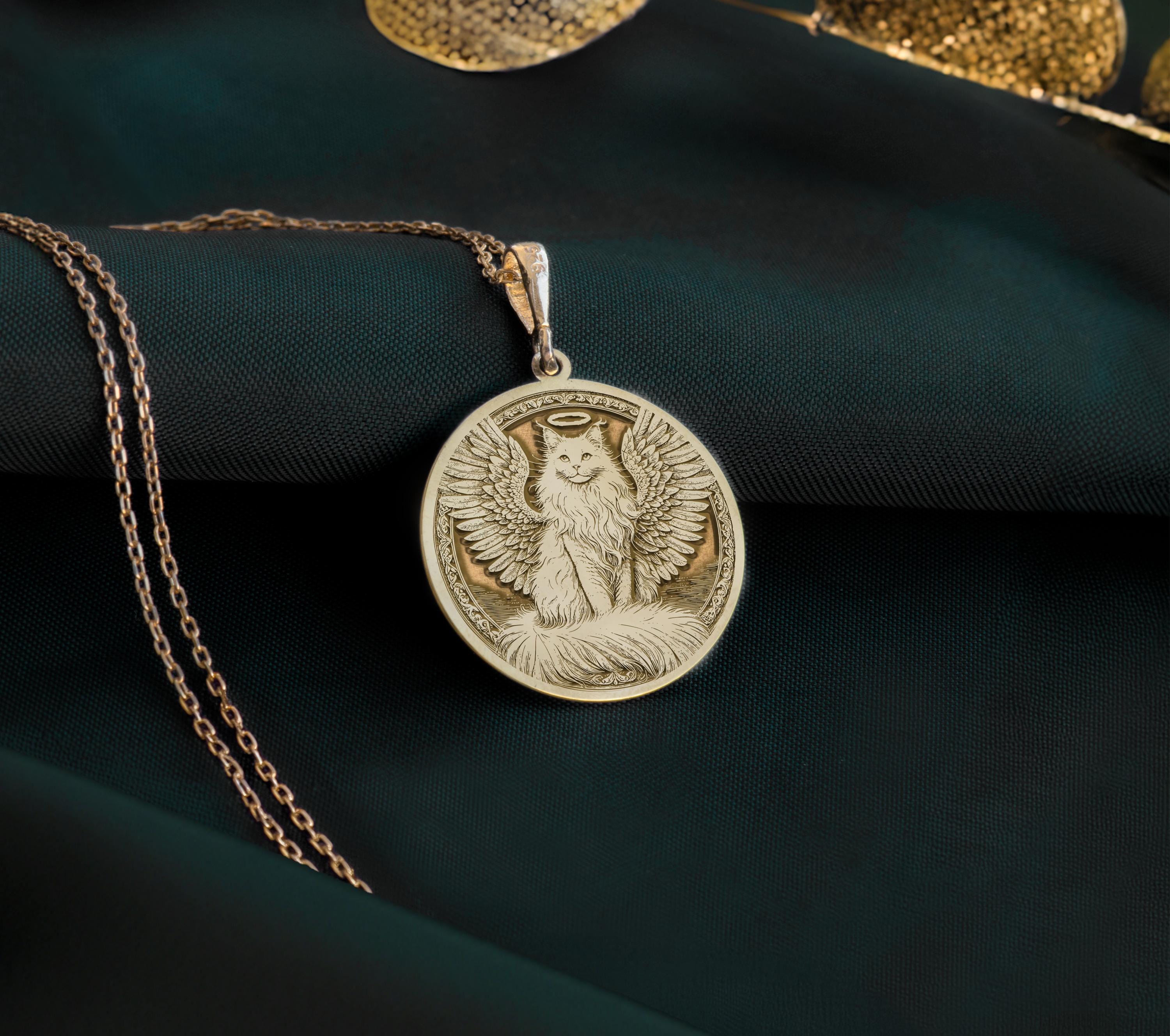 14K Gold Plated Turkish Angora Angel Cat Medallion with memorial symbolism. Detailed long-haired breed angel pendant with wings, halo and ornate border. Elegant rainbow bridge jewelry gift representing eternal bond with departed Angora companion.