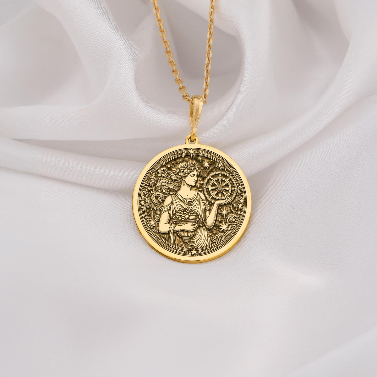 Tyche goddess pendant in 14K Solid Gold, featuring an intricately engraved ancient Greek medallion. This Greek mythology necklace symbolizes fortune and prosperity, perfect as a luxury astrology charm or a mythological gold coin pendant.