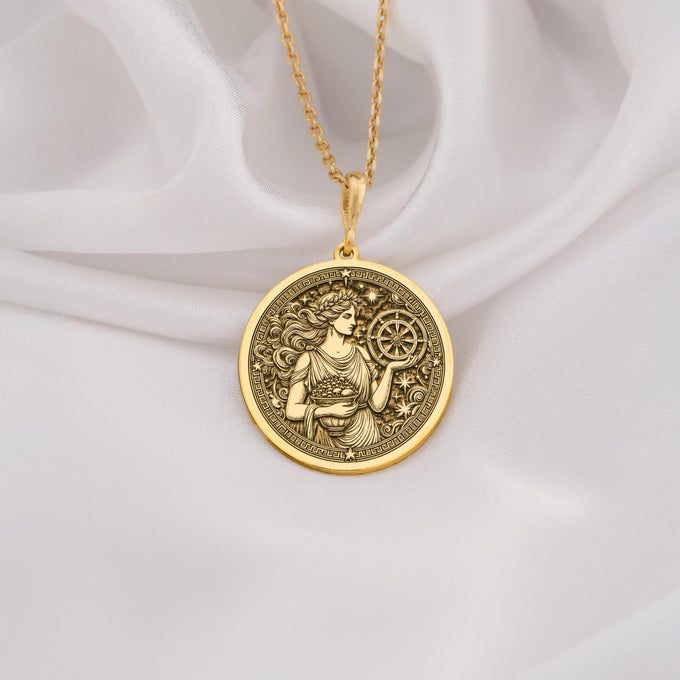 Tyche goddess pendant in 14K Solid Gold, featuring an intricately engraved ancient Greek medallion. This Greek mythology necklace symbolizes fortune and prosperity, perfect as a luxury astrology charm or a mythological gold coin pendant.