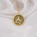 Tyche goddess pendant in 14K Solid Gold, featuring an intricately engraved ancient Greek medallion. This Greek mythology necklace symbolizes fortune and prosperity, perfect as a luxury astrology charm or a mythological gold coin pendant.