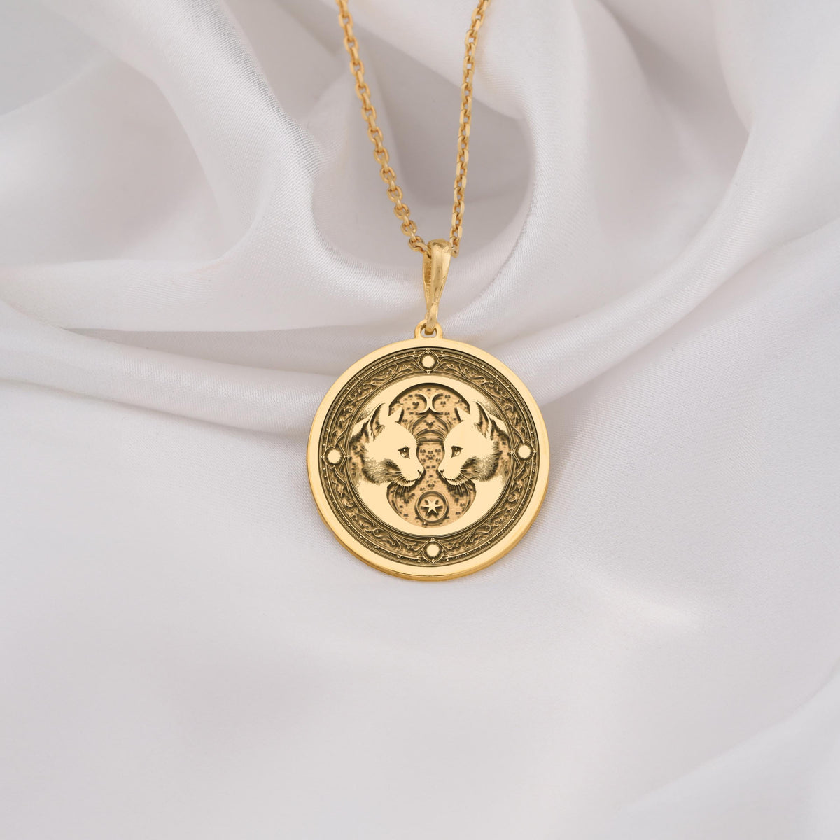 Gemini Twin Cats Zodiac Charm Necklaces 14K 14K Gold Plated pendant necklace featuring intertwined mythological figures in a circular medallion.