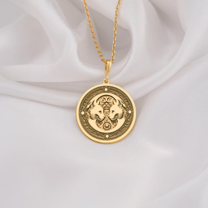 Gemini Twin Cats Zodiac Charm Necklaces 14K 14K Gold Plated pendant necklace featuring intertwined mythological figures in a circular medallion.